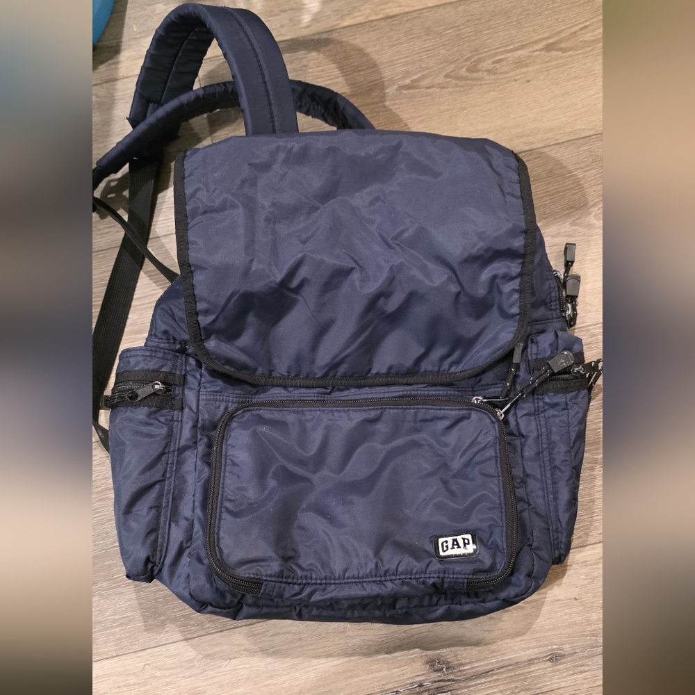Vintage Gap blue backpack bag, black zippers with Net back pocket RN 54023